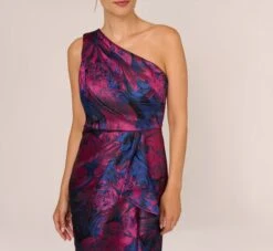 Adrianna Papell One Shoulder Jacquard Mermaid Gown With Drape Detail In Navy Orchid 12 Adrianna Papell One Shoulder Jacquard Mermaid Gown With Drape Detail In Navy Orchid -Adrianna Papell Shop AP1E210810 BG411 Regular Detail