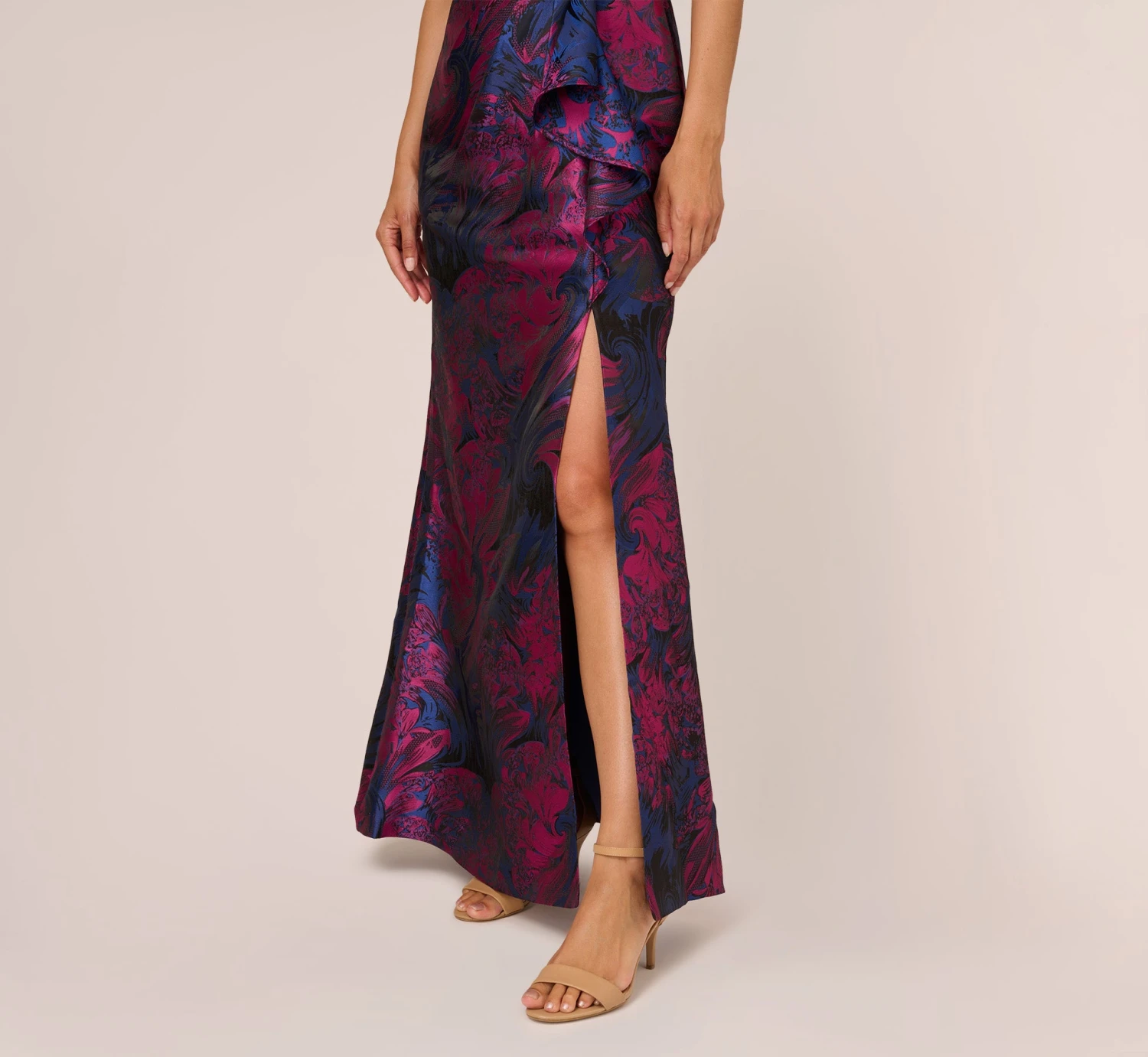 Adrianna Papell One Shoulder Jacquard Mermaid Gown With Drape Detail In Navy Orchid 8 Adrianna Papell One Shoulder Jacquard Mermaid Gown With Drape Detail In Navy Orchid - Image 6