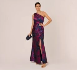 Adrianna Papell One Shoulder Jacquard Mermaid Gown With Drape Detail In Navy Orchid 11 Adrianna Papell One Shoulder Jacquard Mermaid Gown With Drape Detail In Navy Orchid -Adrianna Papell Shop AP1E210810 BG411 Regular Side