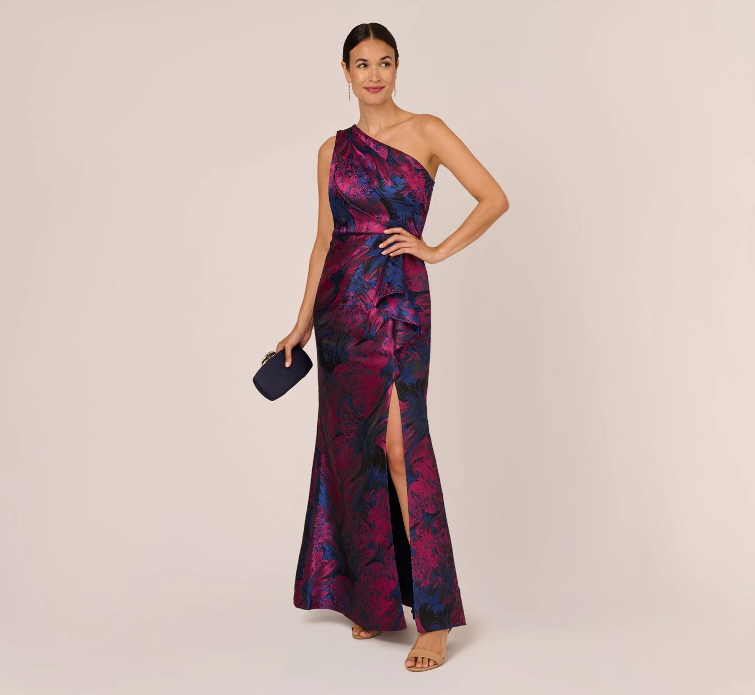 Adrianna Papell One Shoulder Jacquard Mermaid Gown With Drape Detail In Navy Orchid 5 Adrianna Papell One Shoulder Jacquard Mermaid Gown With Drape Detail In Navy Orchid - Image 3