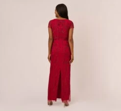 Adrianna Papell Beaded Scalloped Popover Gown With Short Sleeves In Cranberry -Adrianna Papell Shop AP1E210817 AD601 Regular Back