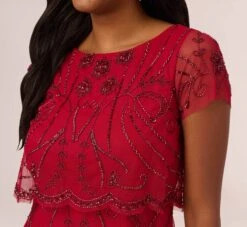Adrianna Papell Beaded Scalloped Popover Gown With Short Sleeves In Cranberry -Adrianna Papell Shop AP1E210817 AD601 Regular Detail