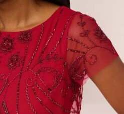 Adrianna Papell Beaded Scalloped Popover Gown With Short Sleeves In Cranberry -Adrianna Papell Shop AP1E210817 AD601 Regular Lifestyle