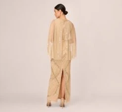 Adrianna Papell Scallop Beaded Cape Column Gown In Gold 12 Adrianna Papell Scallop Beaded Cape Column Gown In Gold -Adrianna Papell Shop AP1E210818 AA038 Regular Back