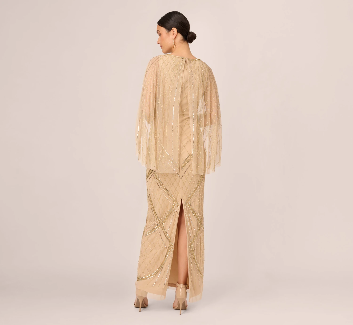 Adrianna Papell Scallop Beaded Cape Column Gown In Gold 7 Adrianna Papell Scallop Beaded Cape Column Gown In Gold - Image 5