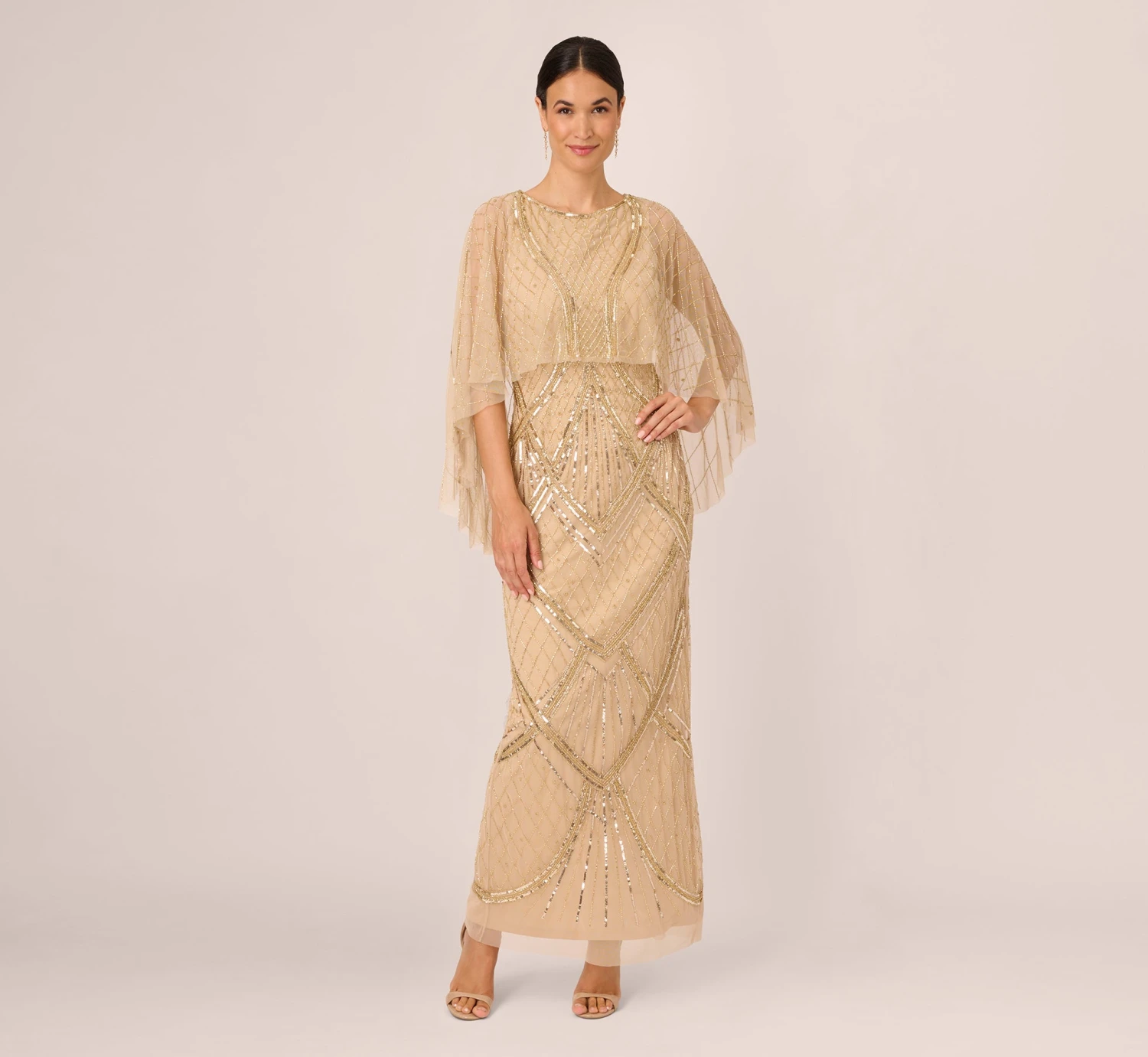 Adrianna Papell Scallop Beaded Cape Column Gown In Gold 3 Adrianna Papell Scallop Beaded Cape Column Gown In Gold