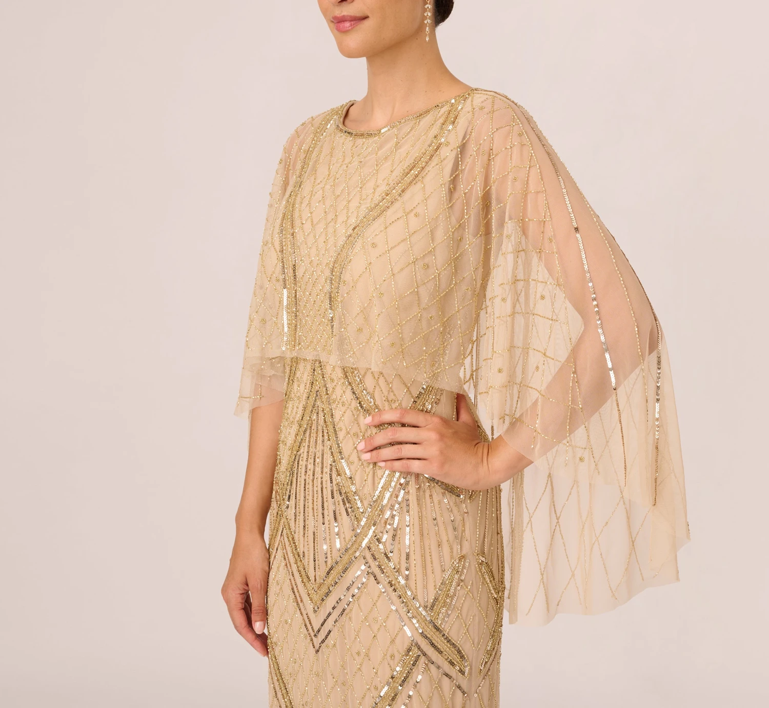 Adrianna Papell Scallop Beaded Cape Column Gown In Gold 5 Adrianna Papell Scallop Beaded Cape Column Gown In Gold - Image 3