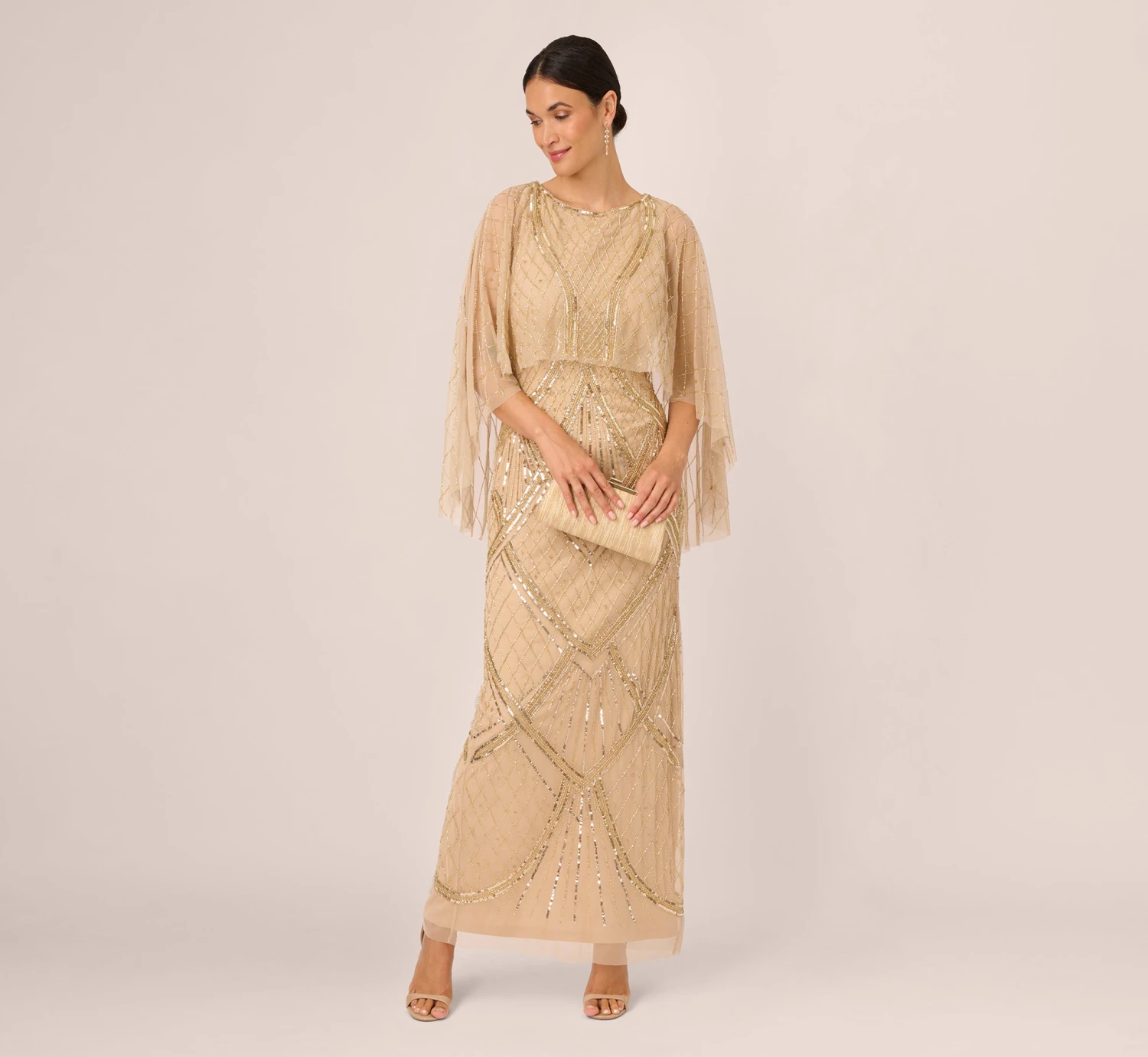 Adrianna Papell Scallop Beaded Cape Column Gown In Gold 4 Adrianna Papell Scallop Beaded Cape Column Gown In Gold - Image 2
