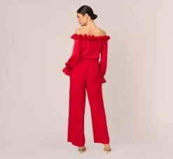 Adrianna Papell Satin Crepe Blouson Jumpsuit With Rosette Trim In Hot Ruby -Adrianna Papell Shop AP1E210833 AU610 Regular Back