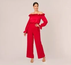 Adrianna Papell Satin Crepe Blouson Jumpsuit With Rosette Trim In Hot Ruby