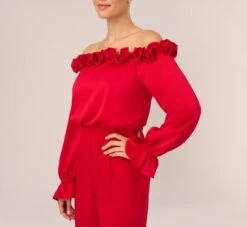 Adrianna Papell Satin Crepe Blouson Jumpsuit With Rosette Trim In Hot Ruby -Adrianna Papell Shop AP1E210833 AU610 Regular Lifestyle