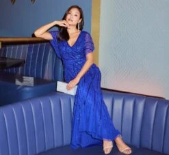 Adrianna Papell Beaded Mermaid Gown With Dolman Sleeves In Ultra Blue