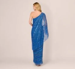 Adrianna Papell One Shoulder Beaded Column Gown With Draped Sleeve In Blue Horizon -Adrianna Papell Shop AP1E210904 AD402 Regular Back