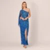 Adrianna Papell One Shoulder Beaded Column Gown With Draped Sleeve In Blue Horizon