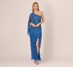 Adrianna Papell One Shoulder Beaded Column Gown With Draped Sleeve In Blue Horizon