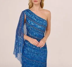 Adrianna Papell One Shoulder Beaded Column Gown With Draped Sleeve In Blue Horizon -Adrianna Papell Shop AP1E210904 AD402 Regular Lifestyle