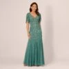 Adrianna Papell Beaded Mermaid Gown With Sheer Petal Sleeves In Green Slate