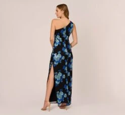 Adrianna Papell Floral Sequin One Shoulder Column Gown In Black Blue Multi 11 Adrianna Papell Floral Sequin One Shoulder Column Gown In Black Blue Multi -Adrianna Papell Shop AP1E210946 AP986 Regular Back
