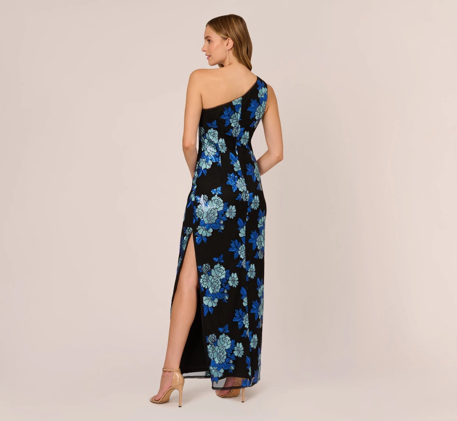 Adrianna Papell Floral Sequin One Shoulder Column Gown In Black Blue Multi 6 Adrianna Papell Floral Sequin One Shoulder Column Gown In Black Blue Multi - Image 4