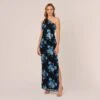 Adrianna Papell Floral Sequin One Shoulder Column Gown In Black Blue Multi