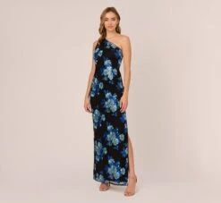 Adrianna Papell Floral Sequin One Shoulder Column Gown In Black Blue Multi
