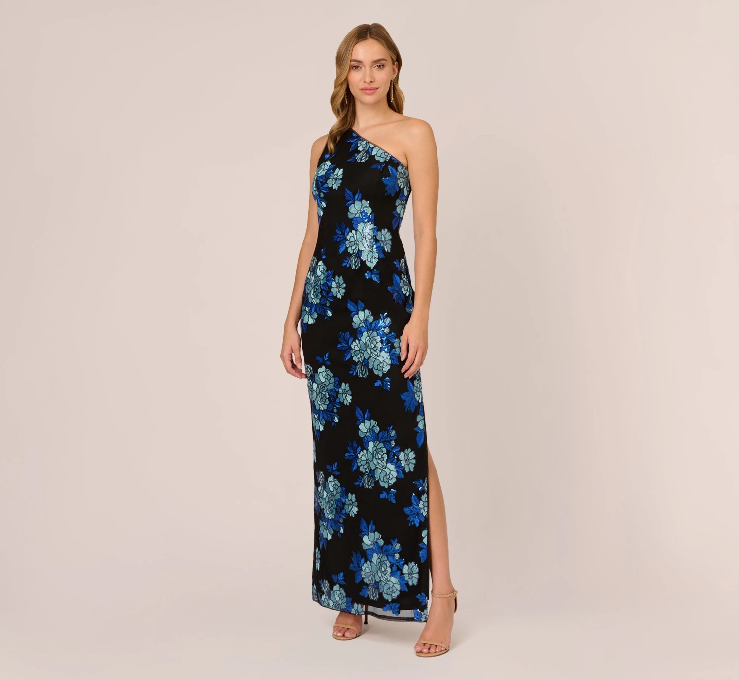 Adrianna Papell Floral Sequin One Shoulder Column Gown In Black Blue Multi 3 Adrianna Papell Floral Sequin One Shoulder Column Gown In Black Blue Multi