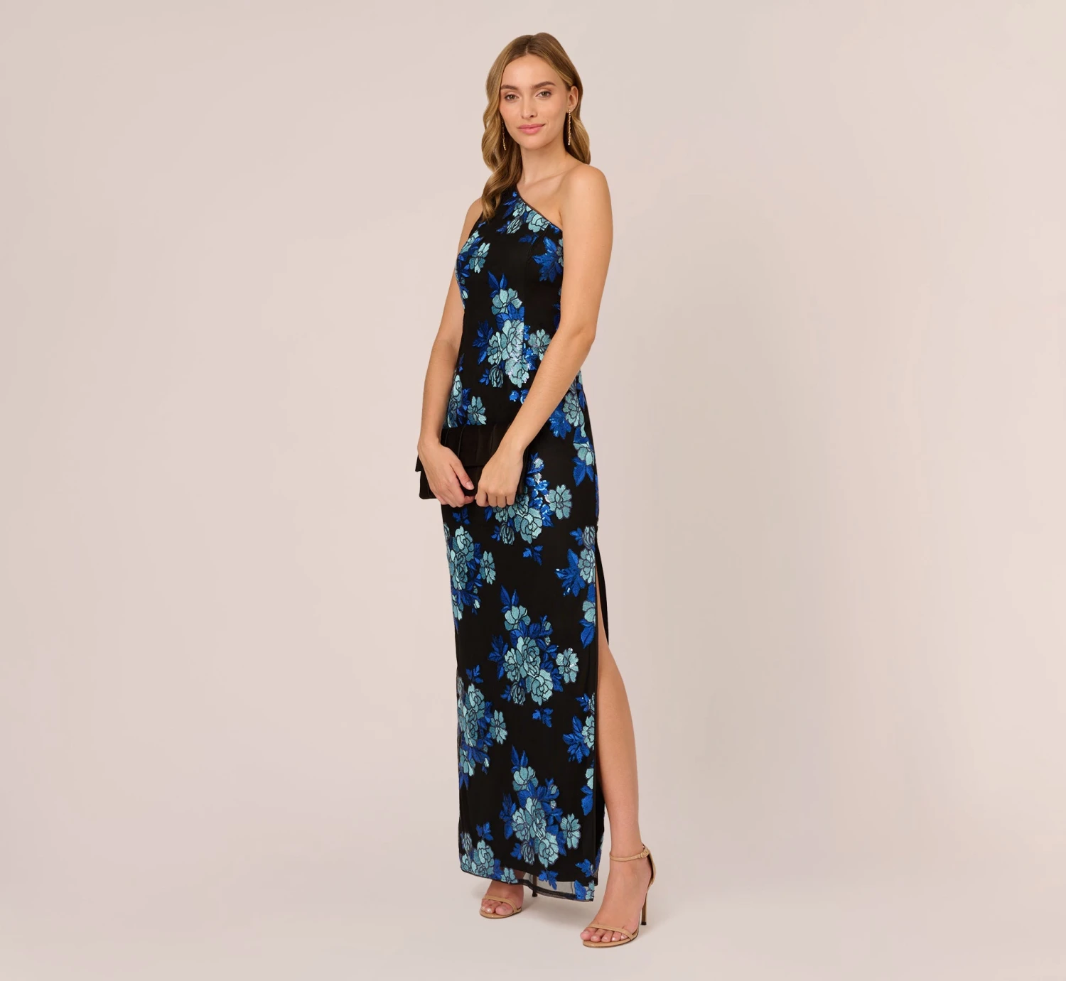 Adrianna Papell Floral Sequin One Shoulder Column Gown In Black Blue Multi 4 Adrianna Papell Floral Sequin One Shoulder Column Gown In Black Blue Multi - Image 2