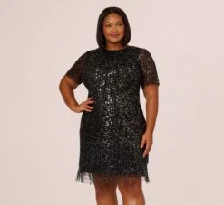 Adrianna Papell Plus Size Beaded Fringe Dress With Sheer Short Sleeves In Black