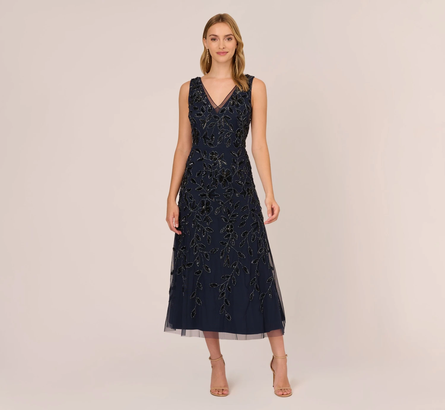 Adrianna Papell Floral Beaded Ankle Length Sleeveless Gown In Navy 3 Adrianna Papell Floral Beaded Ankle Length Sleeveless Gown In Navy
