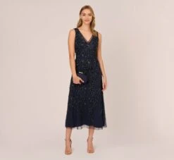 Adrianna Papell Floral Beaded Ankle Length Sleeveless Gown In Navy 9 Adrianna Papell Floral Beaded Ankle Length Sleeveless Gown In Navy -Adrianna Papell Shop AP1E211056 AA412 Regular Side