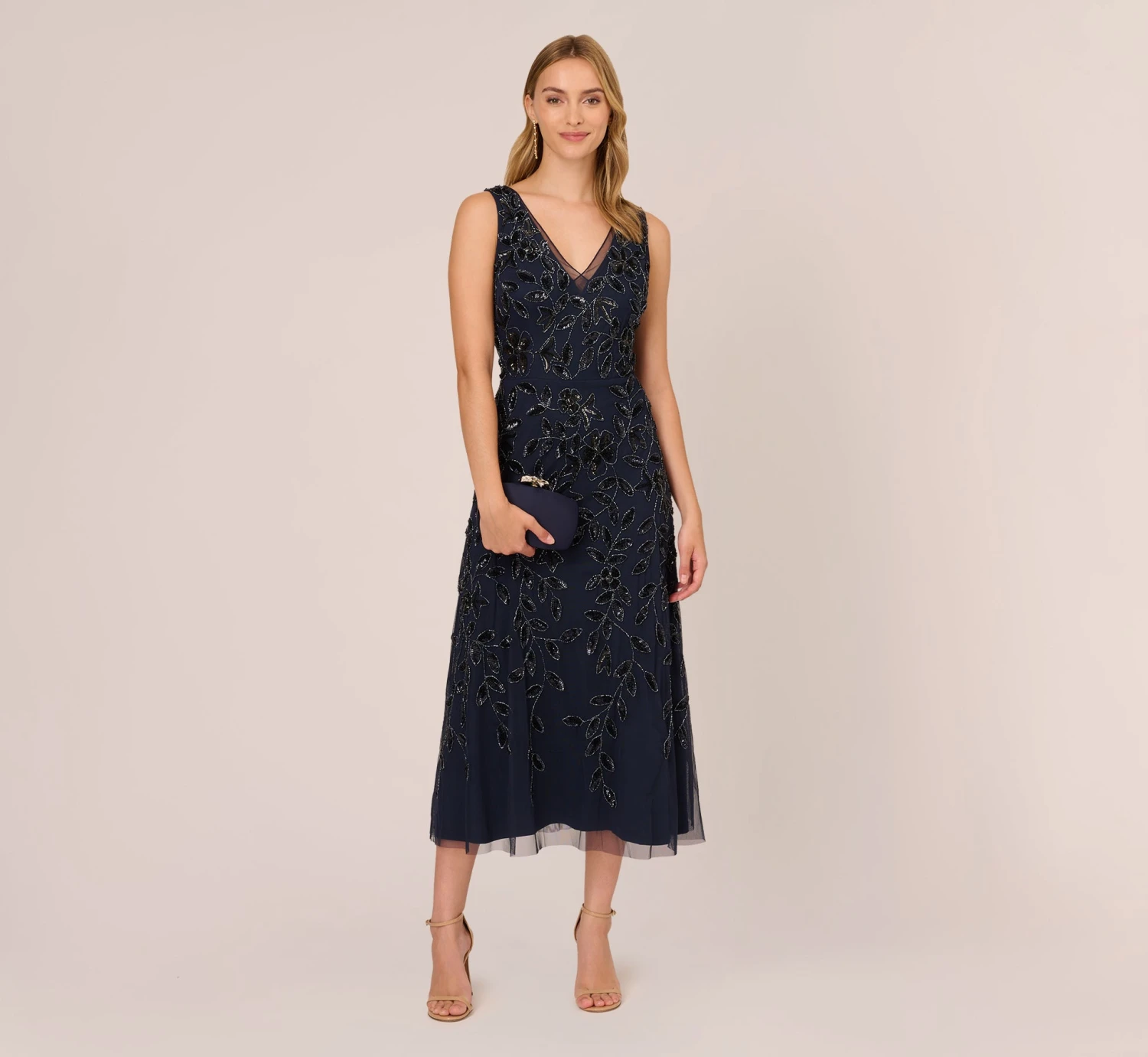 Adrianna Papell Floral Beaded Ankle Length Sleeveless Gown In Navy 4 Adrianna Papell Floral Beaded Ankle Length Sleeveless Gown In Navy - Image 2