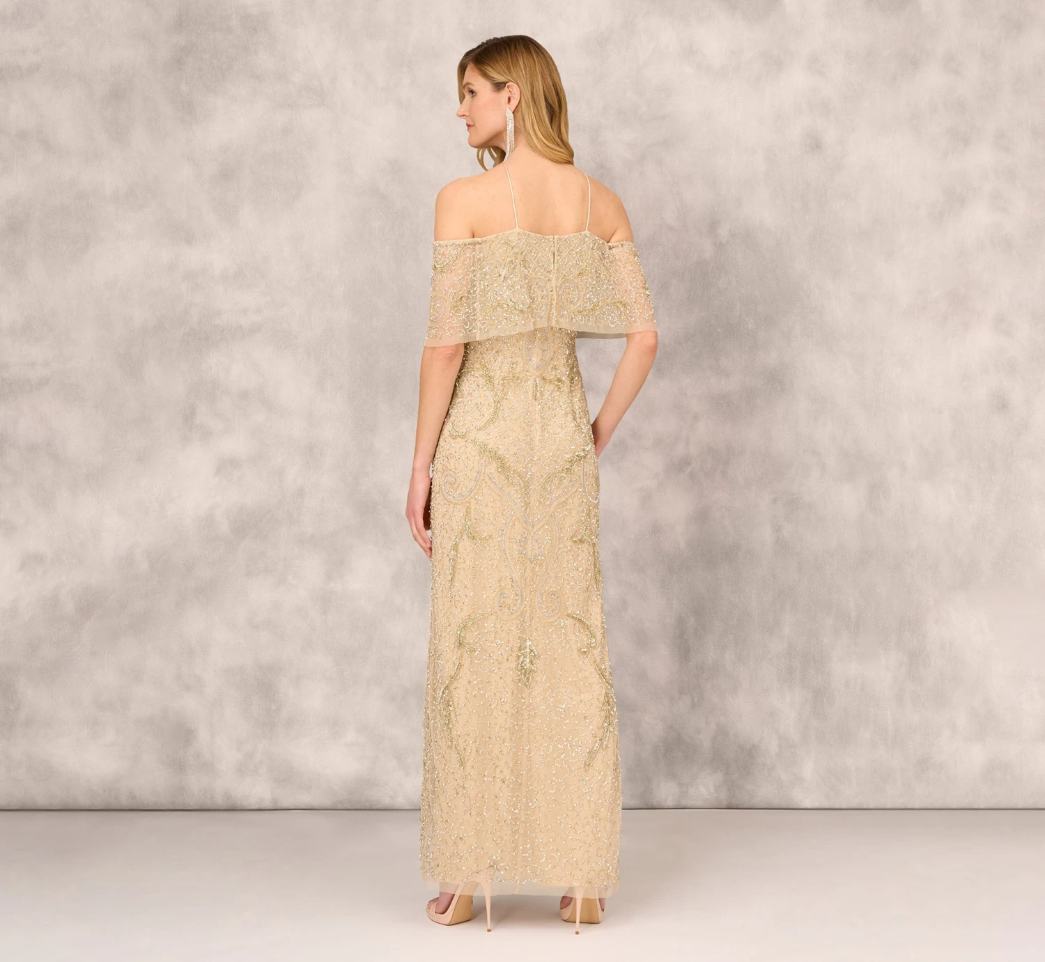 Beaded Cold Shoulder Gown With Popover Bodice In Light Gold 6 Beaded Cold Shoulder Gown With Popover Bodice In Light Gold - Image 4