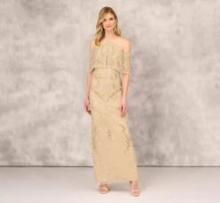 Beaded Cold Shoulder Gown With Popover Bodice In Light Gold