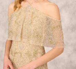 Beaded Cold Shoulder Gown With Popover Bodice In Light Gold 12 Beaded Cold Shoulder Gown With Popover Bodice In Light Gold -Adrianna Papell Shop MD1E202408 AA267 Regular Detail
