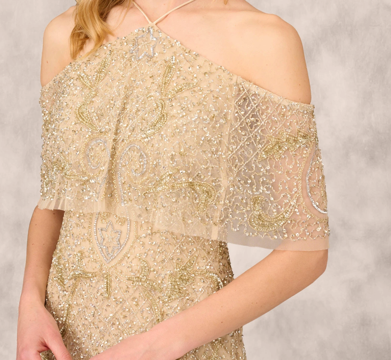 Beaded Cold Shoulder Gown With Popover Bodice In Light Gold 7 Beaded Cold Shoulder Gown With Popover Bodice In Light Gold - Image 5