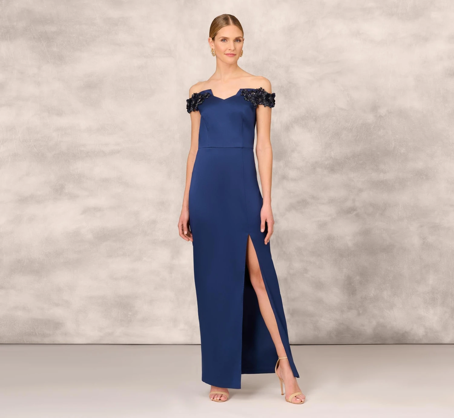 Hand Beaded Off The Shoulder Long Column Gown With Slit In Navy 3 Hand Beaded Off The Shoulder Long Column Gown With Slit In Navy