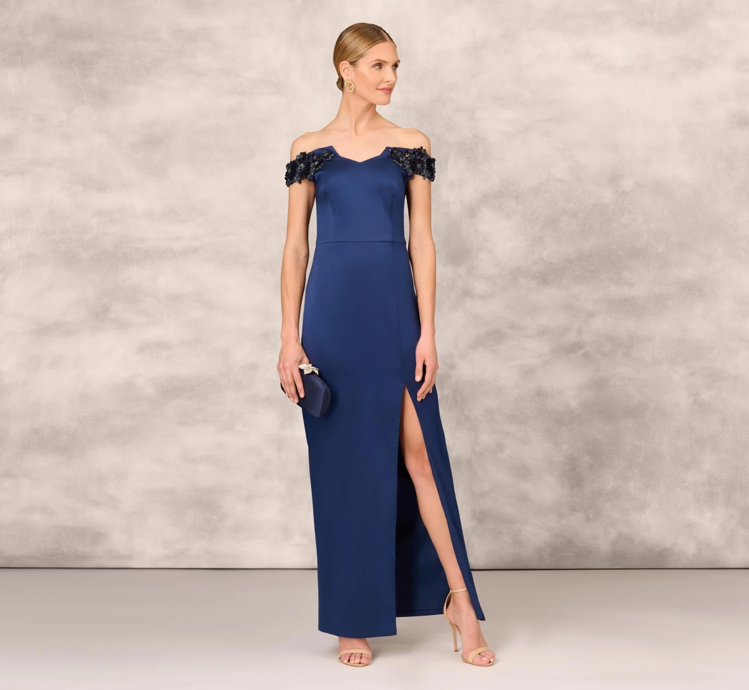Hand Beaded Off The Shoulder Long Column Gown With Slit In Navy 4 Hand Beaded Off The Shoulder Long Column Gown With Slit In Navy - Image 2