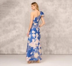 Floral Jacquard One Shoulder Ball Gown With Bow Accent In Royal Sapphire -Adrianna Papell Shop MD1E207626 AN401 Regular Back