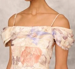 Off The Shoulder Printed Metallic Jacquard Ball Gown In Bronze Multi 11 Off The Shoulder Printed Metallic Jacquard Ball Gown In Bronze Multi -Adrianna Papell Shop MD1E207638 AB233 Regular Detail