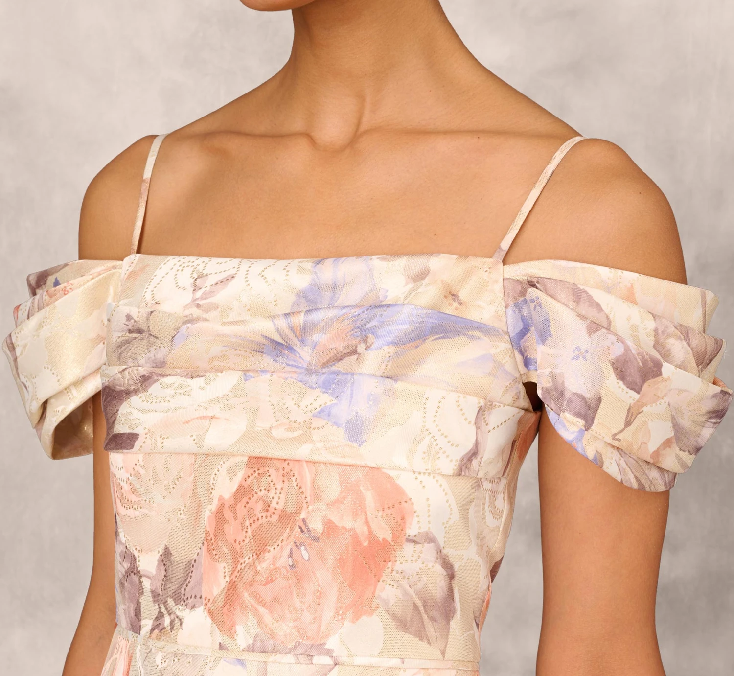 Off The Shoulder Printed Metallic Jacquard Ball Gown In Bronze Multi 5 Off The Shoulder Printed Metallic Jacquard Ball Gown In Bronze Multi - Image 3