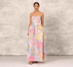 Strapless Floral Ball Gown With Drop Waist In Coral Multi