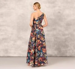 Floral Printed Metallic Organza Burnout One Shoulder Long Ball Gown With Pockets And Slit In Blue Multi -Adrianna Papell Shop MD1E207919 AA461 Regular Back