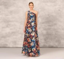Floral Printed Metallic Organza Burnout One Shoulder Long Ball Gown With Pockets And Slit In Blue Multi