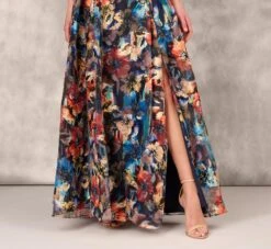 Floral Printed Metallic Organza Burnout One Shoulder Long Ball Gown With Pockets And Slit In Blue Multi -Adrianna Papell Shop MD1E207919 AA461 Regular Lifestyle