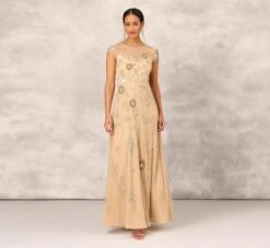 Floral Hand-Beaded Point D Sprit Mesh Illusion Gown In Light Gold