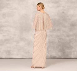 Hand Beaded Long Column Gown With Cape And Slit In Blush -Adrianna Papell Shop MD1E207926 AA248 Regular Back
