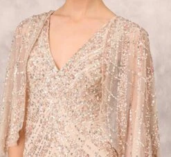 Hand Beaded Long Column Gown With Cape And Slit In Blush -Adrianna Papell Shop MD1E207926 AA248 Regular Detail
