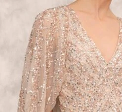 Hand Beaded Long Column Gown With Cape And Slit In Blush -Adrianna Papell Shop MD1E207926 AA248 Regular Lifestyle