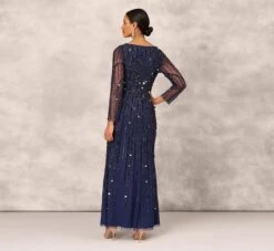 Hand Beaded Illusion Long Mermaid Gown In Navy -Adrianna Papell Shop MD1E207928 AA412 Regular Back