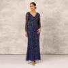 Hand Beaded Illusion Long Mermaid Gown In Navy -Adrianna Papell Shop MD1E207928 AA412 Regular Default